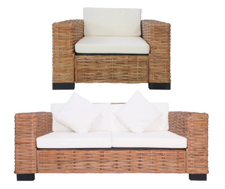 Комплект дивани с възглавници, 2 части, естествен ратан