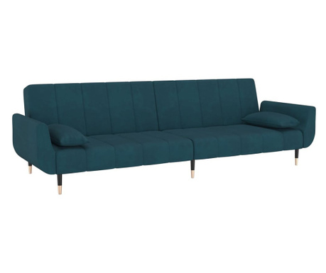 kétszemélyes kék bársony kanapéágy két párnával