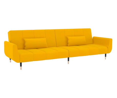 kétszemélyes sárga bársony kanapéágy 2 párnával
