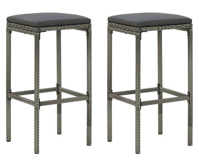 Barski stoli z blazinami, 2 kosa, sivi, PE ratan