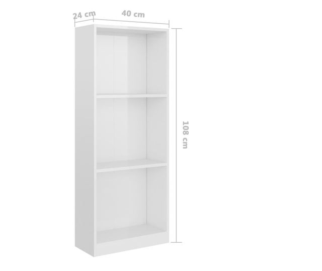 3-szintes magasfényű fehér forgácslap könyvszekrény 40x24x108cm