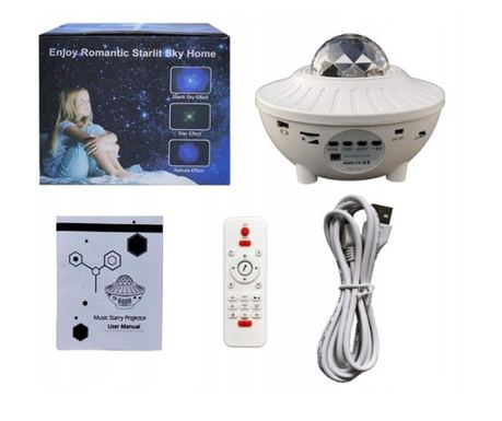 Lampa de noptiera cu proiector, LED, telecomanda, bluetooth, 4 culori, incarcare USB, alb, 12.3x16.4 cm