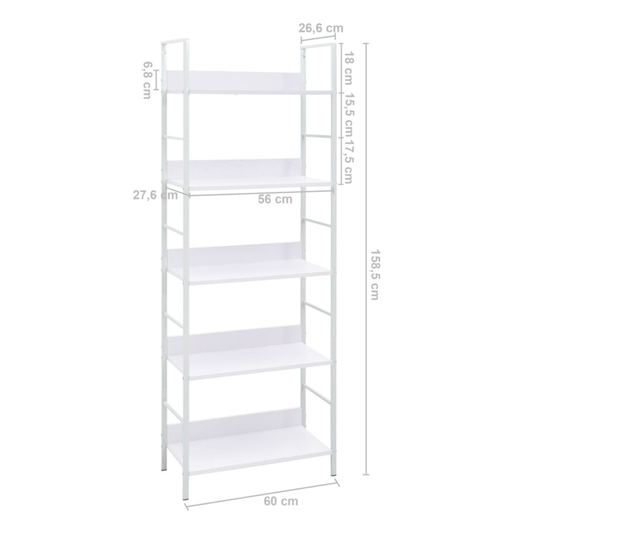 5 szintes fehér forgácslap könyvespolc 60 x 27,6 x 158,5 cm