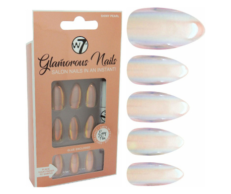 Kit 24 Unghii False W7 Glamorous Nails, Shiny Pearl, cu adeziv inclus si pila de unghii