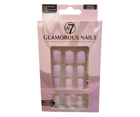 Kit 24 Unghii False W7 Glamorous Nails, Vintage Lavender, cu adeziv inclus si pila de unghii