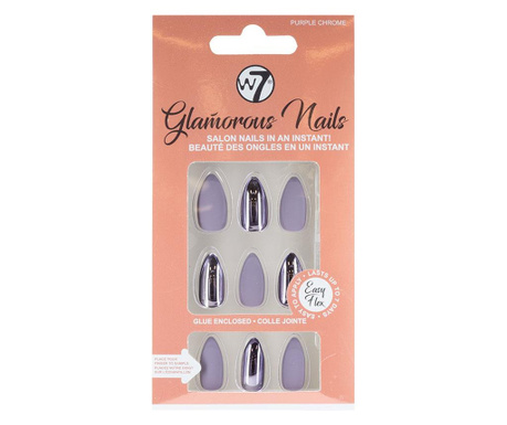 Kit 24 Unghii False W7 Glamorous Nails, Purple Chrome, cu adeziv inclus si pila de unghii