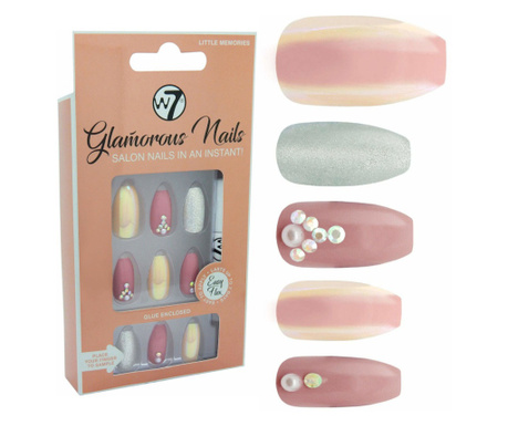 Kit 24 Unghii False W7 Glamorous Nails, Little Memories, cu adeziv inclus si pila de unghii