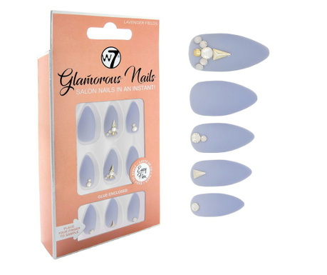 Kit 24 Unghii False W7 Glamorous Nails, Lavender Fields, cu adeziv inclus si pila de unghii