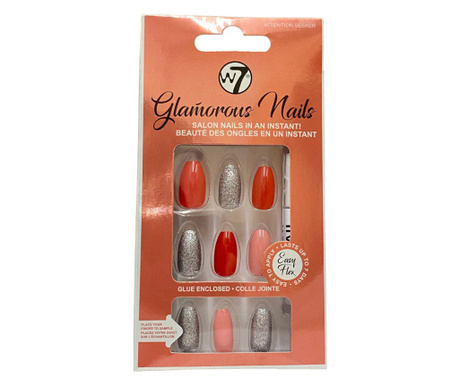 Kit 24 Unghii False W7 Glamorous Nails, Attention Seeker, cu adeziv inclus si pila de unghii