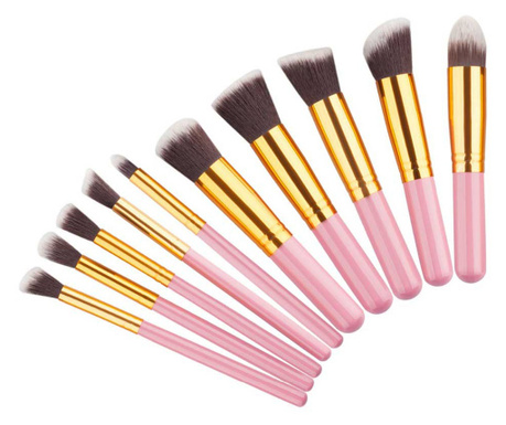 Set de 10 Pensule Profesionale Top Quality Kabuki, Pink Gold