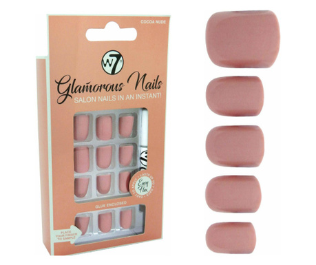 Kit 24 Unghii False W7 Glamorous Nails, Cocoa Nude, cu adeziv inclus si pila de unghii