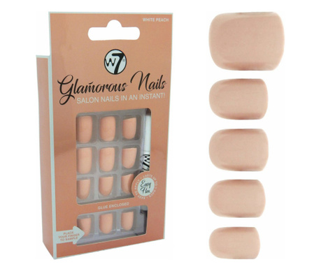 Kit 24 Unghii False W7 Glamorous Nails, White Peach, cu adeziv inclus si pila de unghii