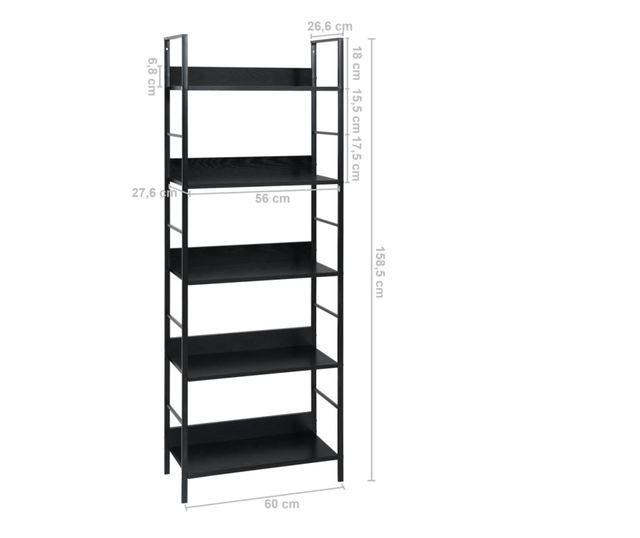 5 szintes fekete forgácslap könyvespolc 60 x 27,6 x 158,5 cm