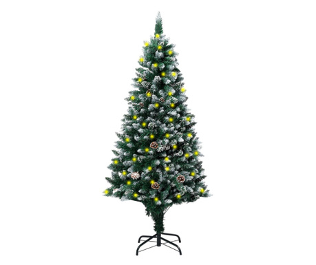 Umělý vánoční stromeček s LED diodami a šišky bílý sníh 150 cm