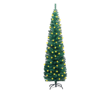 zöld karcsú PVC műkarácsonyfa LED fényekkel és talppal 180 cm