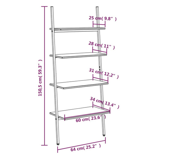 4-nadstropni prislonski regal temno rjav in črn 64x34x150,5 cm