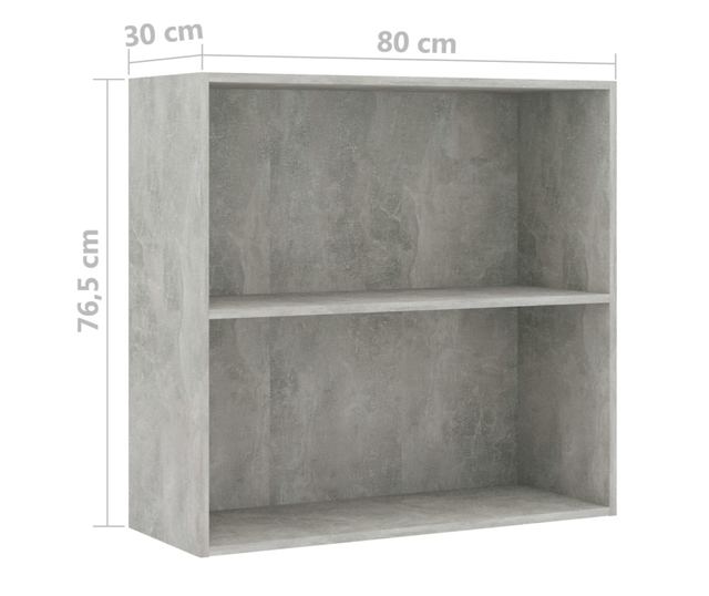 Bibliotecă cu 2 rafturi, gri beton, 80 x 30 x 76,5 cm, PAL