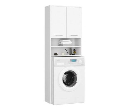 Fürdőszoba szekrény mosógéppel, laminált deszka, 4 polc, 2 ajtó, fehér, 64x30x180 cm