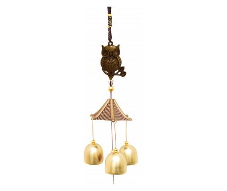 Вятърно звънче с цвете кампанула и 3 златни камбанки за дома или градината, модел с бухали