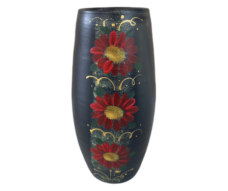Vaza ceramica neagra cu flori rosii