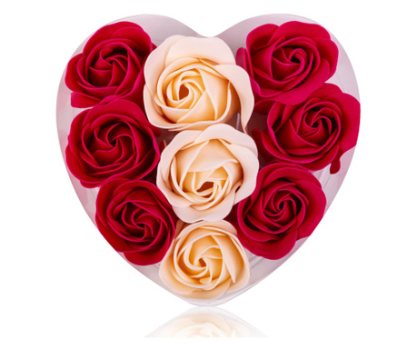 Aranjament inimioara cu 24 de trandafiri din sapun rosii si albi