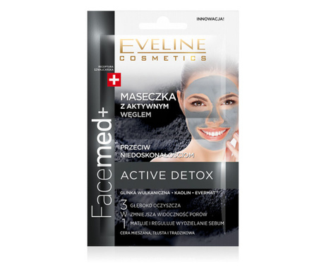 Masca de fata, Eveline Cosmetics, Facemed+, Active Detox, cu carbune activ , 3in1, 10 ml