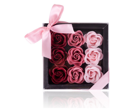 Set cadou cu 9 trandafiri in cutie neagra rosii si roz