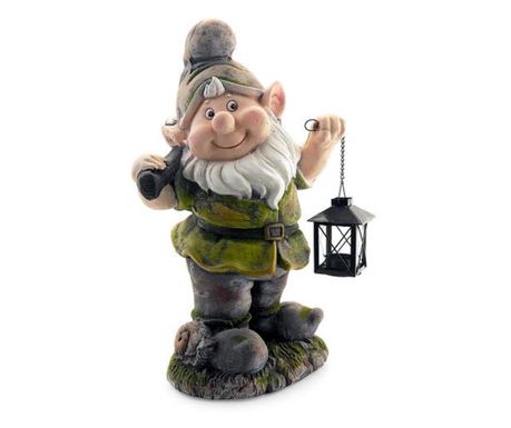 Decoratiune gradina, ceramica, pitic cu felinar si harlet, 25x20x45 cm