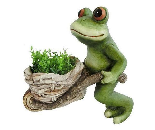 Градинска декорация Mercaton®, Керамичен материал, Модел на жаба с количка, 31,5x21x35 см