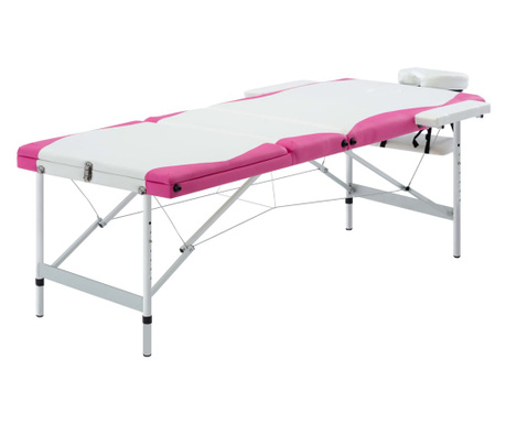 3-conska zložljiva masažna miza aluminij bele in roza barve