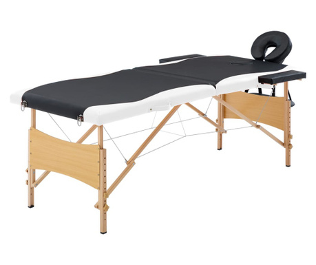 Składany stół do masażu, 2 strefy, drewniany, czarno-biały