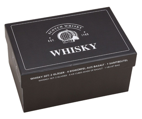 Set cu 2 pahare si 4 cuburi din bazalt pentru whisky in cutie neagra