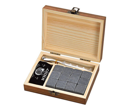Set cadou in cutie de lemn cu 12 cuburi din bazalt pentru whisky