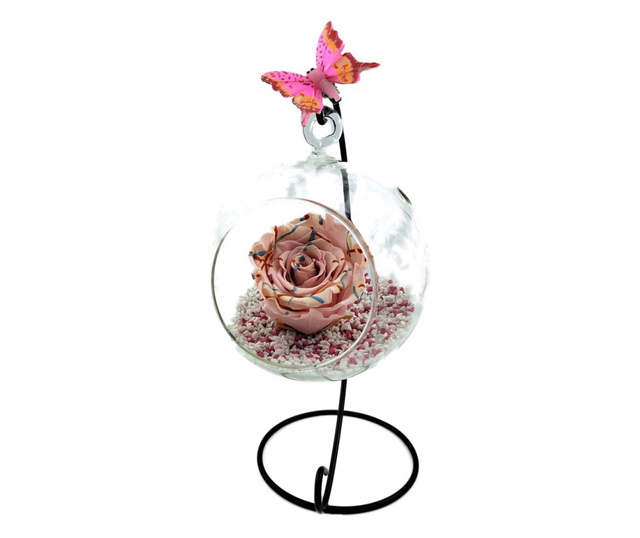 Trandafir criogenat natural in bol de sticla cu fluture pe suport metalic - Festival Roz Mic