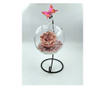 Trandafir criogenat natural in bol de sticla cu fluture pe suport metalic - Festival Roz Mic