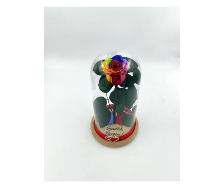 Trandafir Criogenat Natural, pe pat de petale naturale criogenate, in cupola mica de sticla cu baza natur - Multicolor Rainbow