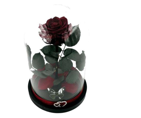 Trandafir criogenat natural mare, pe pat de petale, in cupola mare de sticla cu baza neagra - Visiniu