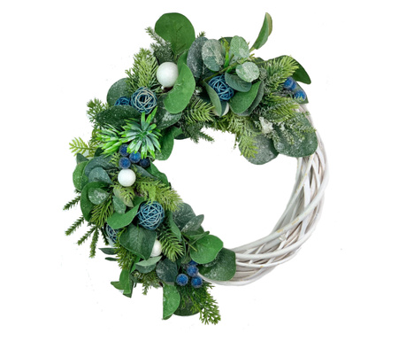 Coronita decorativa de iarna, handmade, cutie cadou, alb, verde, albastru, 28 cm