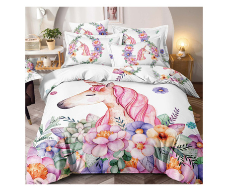 Спално бельо с ластик, 3D печат, 4 части, фин памук, за 1 човек, бяло, розово, еднорог и цветя, FNJ1-145