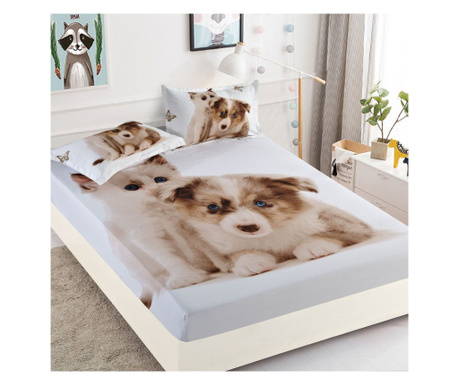 Покривало за легло с ластик и 2 калъфки за възглавници, 3D печат, фин памук, двойно легло, бяло бежово, кученце и коте, HBF-184