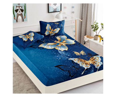 Покривало за легло с ластик и 2 калъфки за възглавници, 3D принт, фин памук, двойно легло, синьо, пеперуди, HBF-185