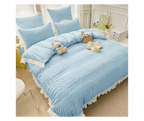 Спално бельо от креп, памук, 6 части, двойно легло, синьо, CRJ-19