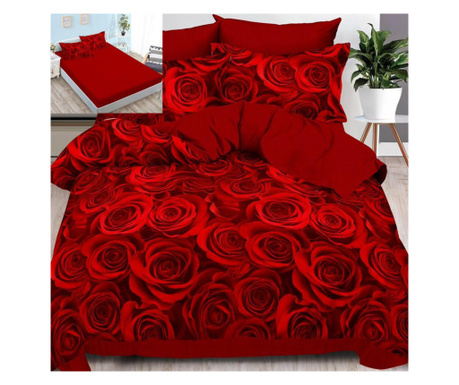 Спално бельо с ластик, фин памук, 6 части, двойно легло, червено, рози, FNE-165