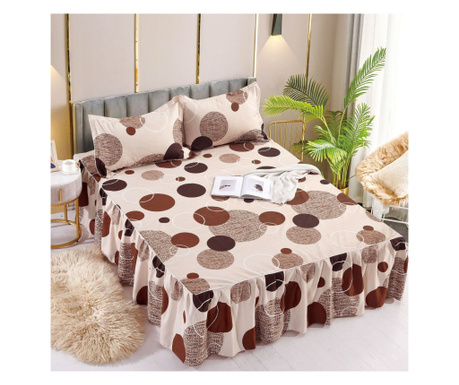Комплект чаршафи с волани и 2 калъфки за възглавници, фин памук, двойно легло, кафяво, кръгове, CPVJ-12