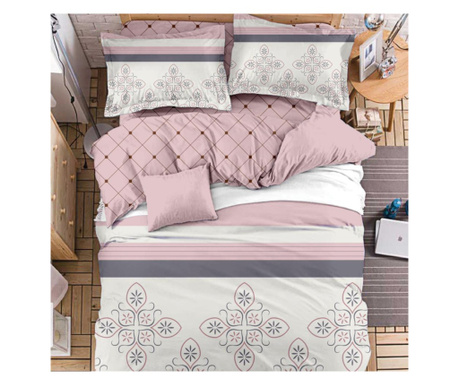 Спален комплект за 2 момичета, полипамук, 4 части, двойно легло, розово сиво, R4-532