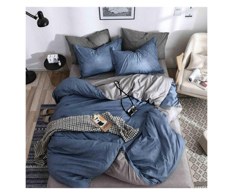 Спален комплект за 2 момичета, полипамук, 4 части, двойно легло, синьо сиво, R4-549