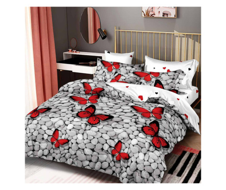 Спален комплект за 2 момичета, полипамук, 4 части, двойно легло, червено сиво, пеперуди и камъни, R4-548