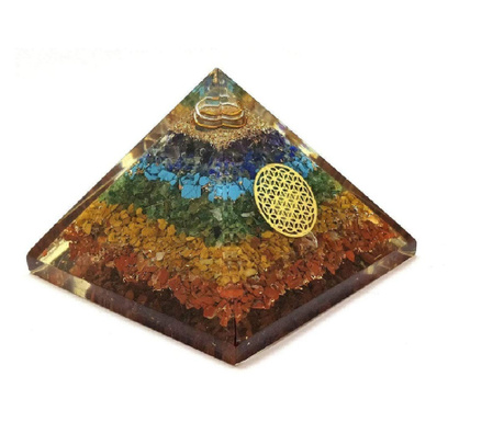 Piramida Orgonica Abira”, Ezera, generatoare de energie, cu cristale 7 Chakre si simbol Floarea Vietii  8x6 cm