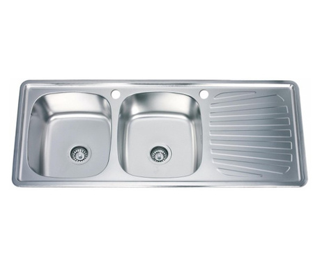 Кухненска мивка Inter Ceramic ICK 12050SSR, Хром, Гланц, Алпака, За вграждане, С две корита, Десен плот, Със отвори за смесител