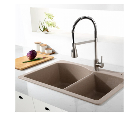 Кухненска мивка Inter Ceramic ICGS 8401 SAND, Пясъчен цвят, Композитен материал, За вграждане, С опция за отвор за смесител, Със